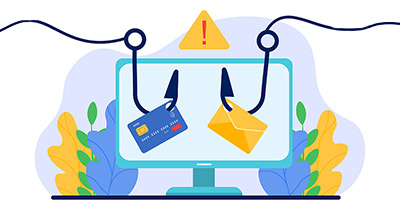 fishing hook on a computer screen retrieving a credit card and envelope
