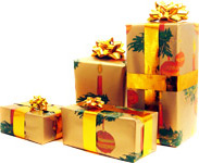 holiday gifts wrapped in gold paper